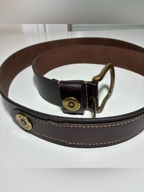 Remington 12 GA Shotgun Shell Brown Leather Belt Brass 46-48 Buckle 2X READ